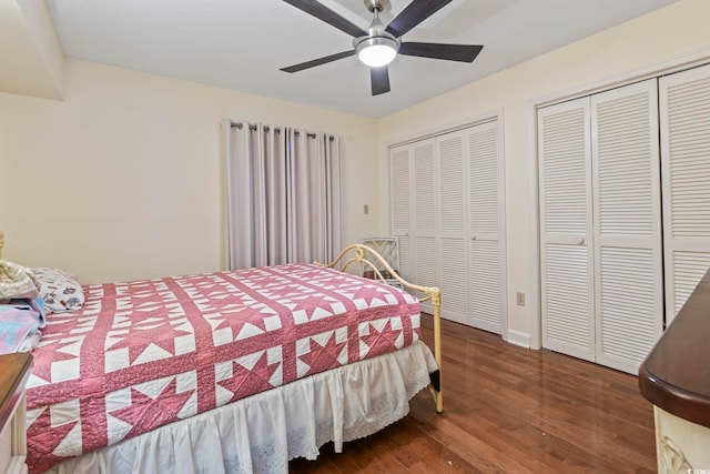 5515 N Ocean Blvd Unit 308, Myrtle Beach, SC 29577 - bedroom with two closets, wood finished floors, and a ceiling fan