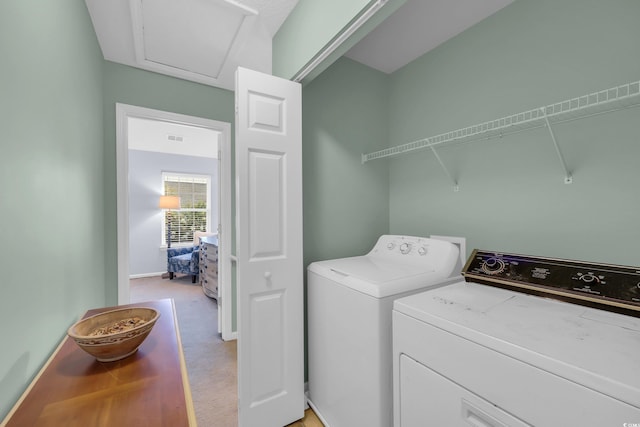 158 Palisade Loop Unit 158, Pawleys Island, SC 29585 - laundry area featuring independent washer and dryer, attic access, and light carpet