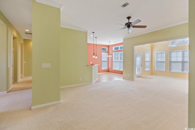 56 Willowbend Dr, Murrells Inlet, SC 29576 - unfurnished living room featuring carpet floors, a ceiling fan, and crown molding