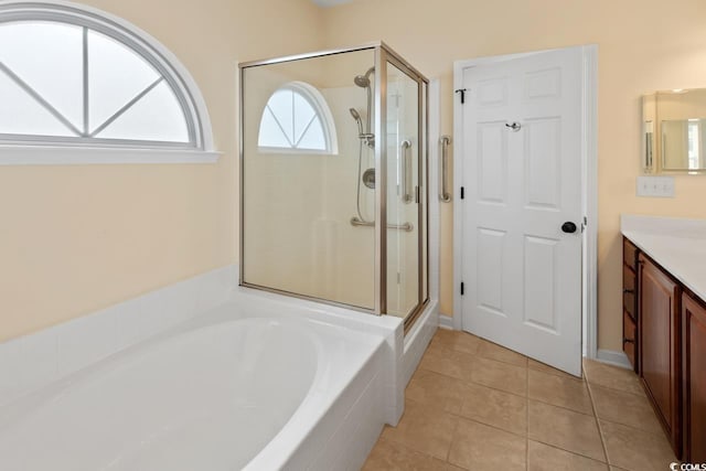 56 Willowbend Dr, Murrells Inlet, SC 29576 - full bath featuring vanity, a stall shower, a bath, and tile patterned floors