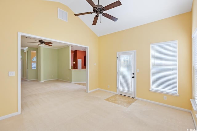 56 Willowbend Dr, Murrells Inlet, SC 29576 - unfurnished room featuring a ceiling fan, light colored carpet, and high vaulted ceiling