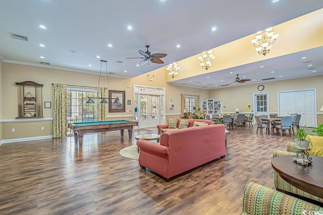 56 Willowbend Dr, Murrells Inlet, SC 29576 - living room with a ceiling fan, pool table, recessed lighting, crown molding, and wood finished floors