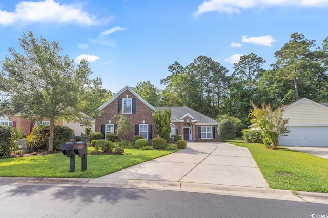 56 Willowbend Dr, Murrells Inlet, SC 29576 - traditional-style house with a front yard, brick siding, an outdoor structure, and driveway