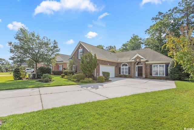 56 Willowbend Dr, Murrells Inlet, SC 29576 - view of front of house with brick siding, a front lawn, a garage, and concrete driveway