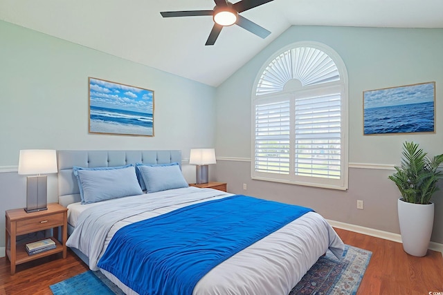 3888 Stillwood Dr, Myrtle Beach, SC 29588 - bedroom featuring multiple windows, lofted ceiling, wood finished floors, and a ceiling fan