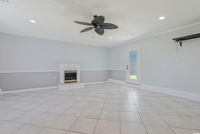 3888 Stillwood Dr, Myrtle Beach, SC 29588 - unfurnished living room with a textured ceiling, ornamental molding, recessed lighting, a ceiling fan, and electric panel
