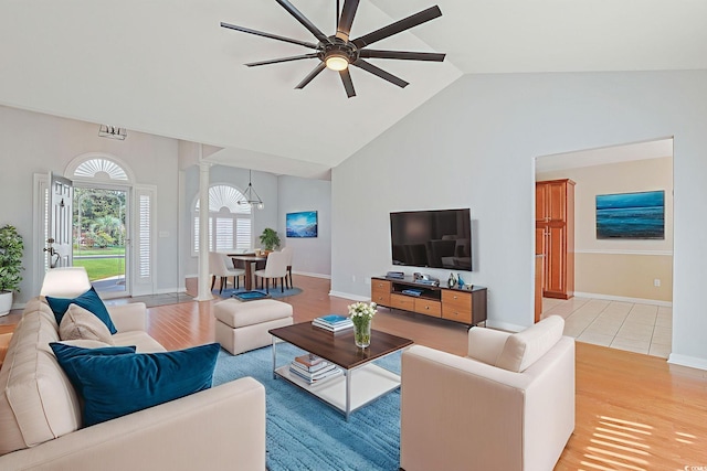 3888 Stillwood Dr, Myrtle Beach, SC 29588 - living room with ceiling fan, light wood-style flooring, and high vaulted ceiling