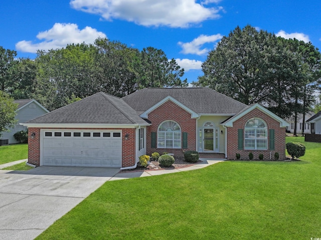 3888 Stillwood Dr, Myrtle Beach, SC 29588 - ranch-style home featuring brick siding, a garage, a front lawn, driveway, and a shingled roof