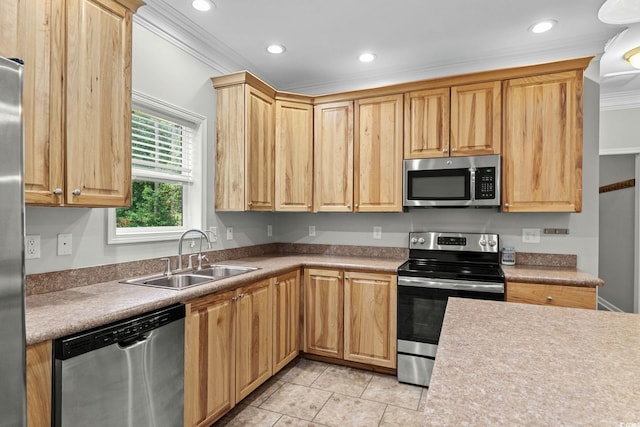 2135 Starduster Ln, Little River, SC 29566 - kitchen with appliances with stainless steel finishes, crown molding, light tile patterned floors, recessed lighting, and light countertops