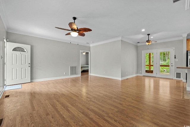 2135 Starduster Ln, Little River, SC 29566 - unfurnished living room with a ceiling fan, light wood-style flooring, recessed lighting, and crown molding