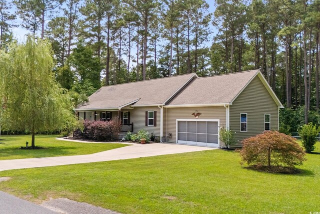 2135 Starduster Ln, Little River, SC 29566 - ranch-style home with driveway, a porch, a front lawn, an attached garage, and a shingled roof