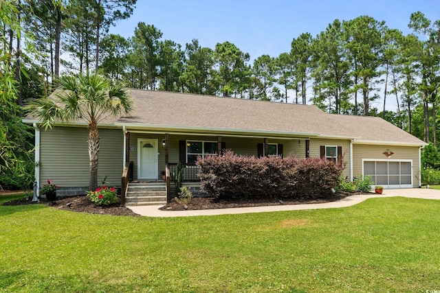 2135 Starduster Ln, Little River, SC 29566 - ranch-style house with a garage, a porch, a front lawn, and concrete driveway