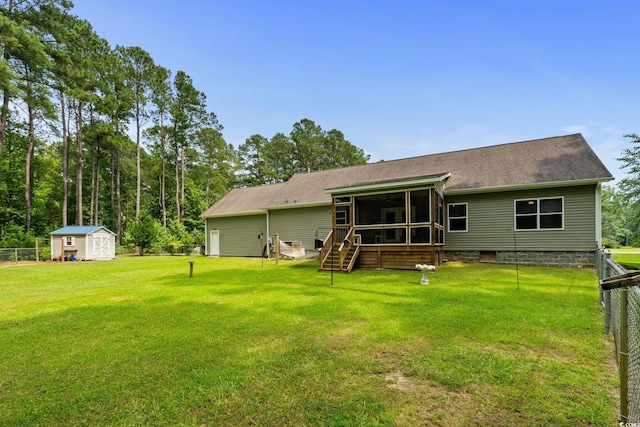 2135 Starduster Ln, Little River, SC 29566 - rear view of property with a sunroom, a storage unit, a shingled roof, and stairs