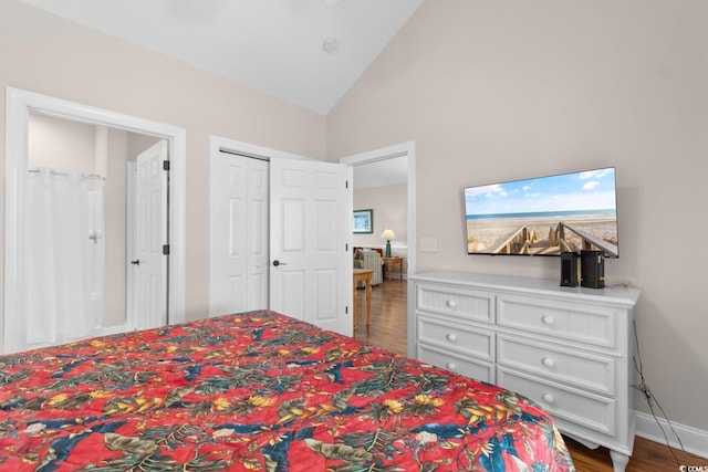 4872 Dahlia Ct Unit 305, Myrtle Beach, SC 29577 - bedroom featuring wood finished floors, high vaulted ceiling, and a closet