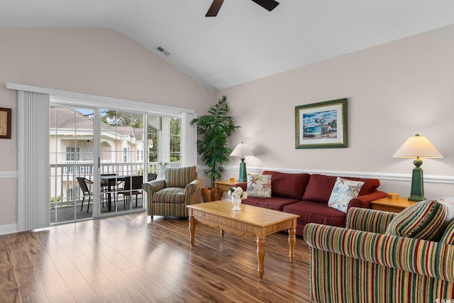 4872 Dahlia Ct Unit 305, Myrtle Beach, SC 29577 - living room with ceiling fan, wood finished floors, and high vaulted ceiling
