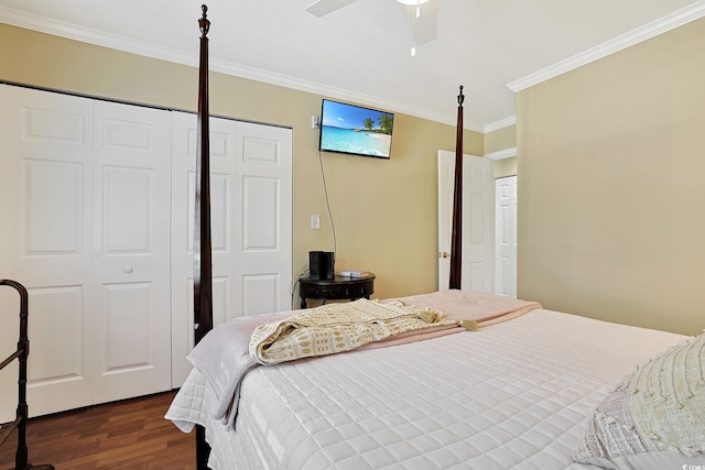 709 Jerdon Cir N, Myrtle Beach, SC 29582 - bedroom featuring dark wood finished floors, crown molding, a closet, and ceiling fan