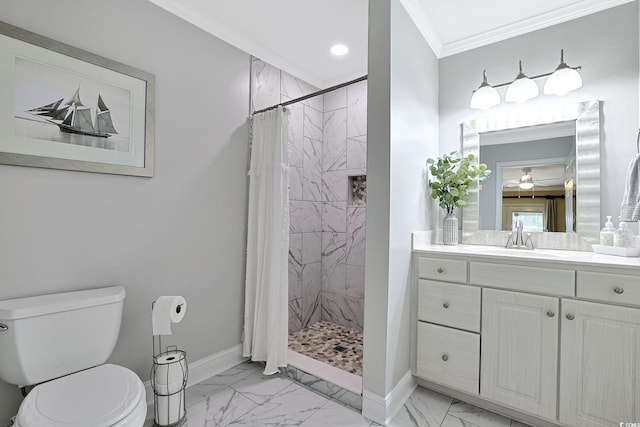 709 Jerdon Cir N, Myrtle Beach, SC 29582 - bathroom with marble look tiles, ornamental molding, vanity, a tile shower, and recessed lighting