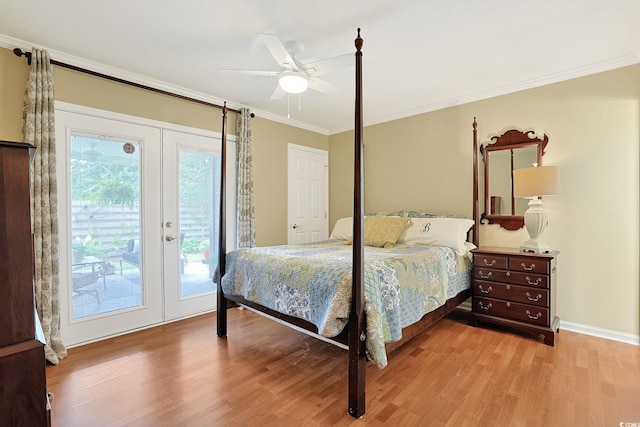 709 Jerdon Cir N, Myrtle Beach, SC 29582 - bedroom with access to outside, ornamental molding, light wood-style floors, a ceiling fan, and french doors