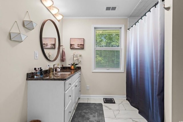 241 Fannie B Rd, Conway, SC 29526 - full bathroom featuring vanity, ornamental molding, marble finish flooring, and a shower with curtain