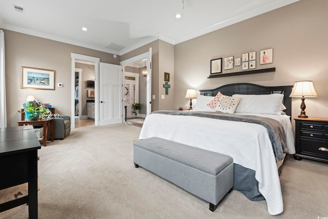 1106 Bluffton Ct, Myrtle Beach, SC 29579 - bedroom with light carpet, crown molding, and recessed lighting