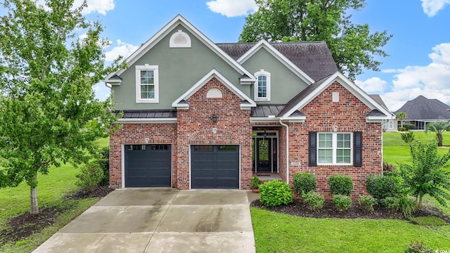 1106 Bluffton Ct, Myrtle Beach, SC 29579 - traditional-style home featuring a garage, brick siding, driveway, and a front lawn
