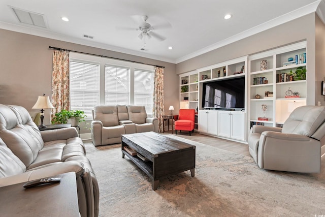 1106 Bluffton Ct, Myrtle Beach, SC 29579 - living area featuring ornamental molding, a ceiling fan, light wood-type flooring, and recessed lighting