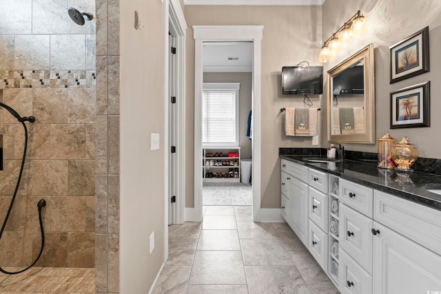 1106 Bluffton Ct, Myrtle Beach, SC 29579 - bathroom with double vanity, a walk in shower, and ornamental molding