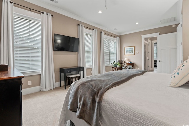 1106 Bluffton Ct, Myrtle Beach, SC 29579 - bedroom featuring light carpet, crown molding, and recessed lighting