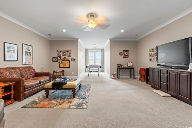 1106 Bluffton Ct, Myrtle Beach, SC 29579 - living area featuring light carpet, crown molding, ceiling fan, and recessed lighting