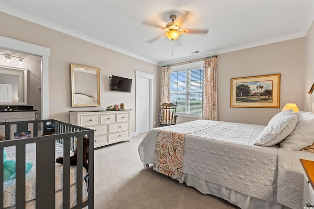 1106 Bluffton Ct, Myrtle Beach, SC 29579 - bedroom with carpet, crown molding, and ceiling fan
