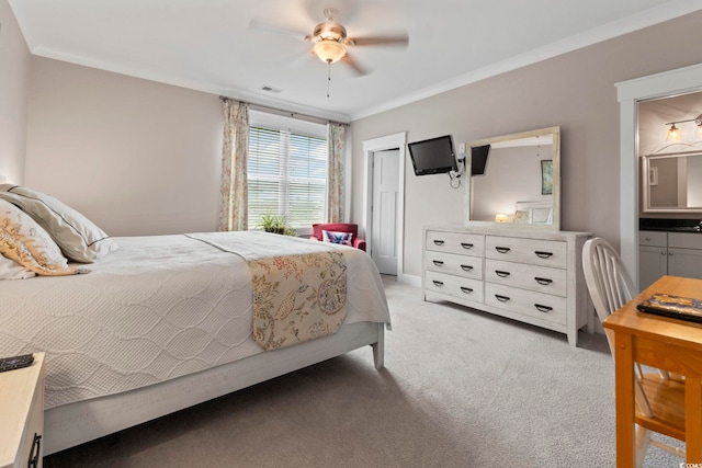1106 Bluffton Ct, Myrtle Beach, SC 29579 - bedroom with light carpet, ornamental molding, and ceiling fan