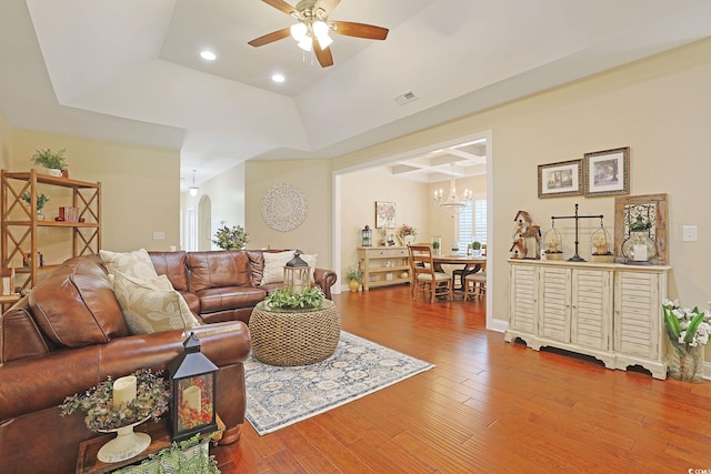 428 Arlington Cir, Murrells Inlet, SC 29576 - living area with ceiling fan, wood finished floors, arched walkways, a chandelier, and recessed lighting