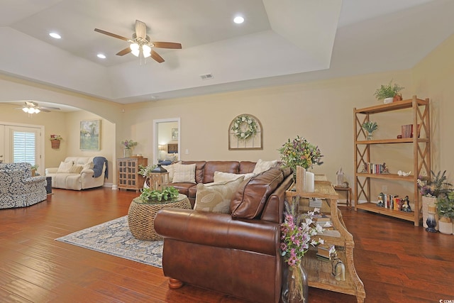 428 Arlington Cir, Murrells Inlet, SC 29576 - living room with ceiling fan, wood-type flooring, a raised ceiling, and recessed lighting