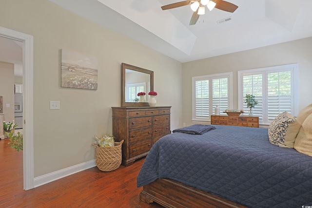 428 Arlington Cir, Murrells Inlet, SC 29576 - bedroom featuring wood finished floors, a tray ceiling, and a ceiling fan