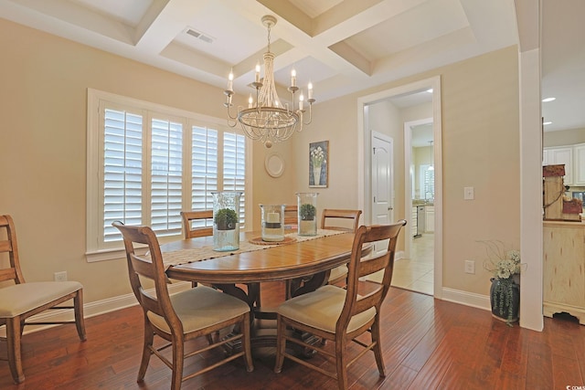 428 Arlington Cir, Murrells Inlet, SC 29576 - dining space with coffered ceiling, a chandelier, hardwood / wood-style floors, and beamed ceiling