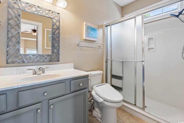 670 2nd Ave N, North Myrtle Beach, SC 29582 - bathroom featuring a shower stall, vanity, tile patterned flooring, and a ceiling fan