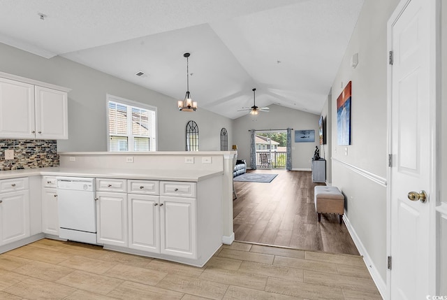 300 Kiskadee Loop Unit K, Conway, SC 29526 - kitchen featuring dishwasher, vaulted ceiling, light wood-style flooring, a ceiling fan, and a peninsula