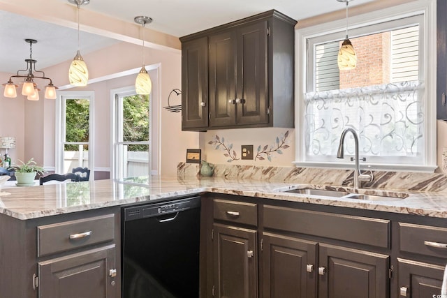 1575 Victoria Ln, Myrtle Beach, SC 29577 - kitchen featuring dishwasher, a peninsula, light stone countertops, decorative light fixtures, and dark brown cabinetry