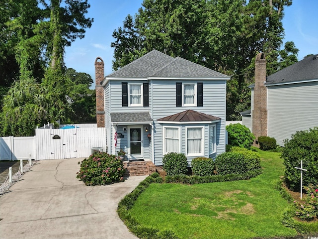 1575 Victoria Ln, Myrtle Beach, SC 29577 - traditional-style home featuring roof with shingles, a gate, a chimney, and concrete driveway