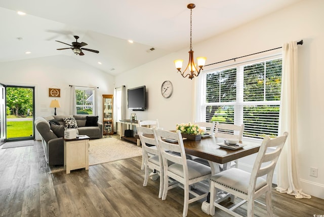 2588 Long Ave, Conway, SC 29526 - dining space with dark wood-style flooring, a chandelier, lofted ceiling, ceiling fan, and recessed lighting