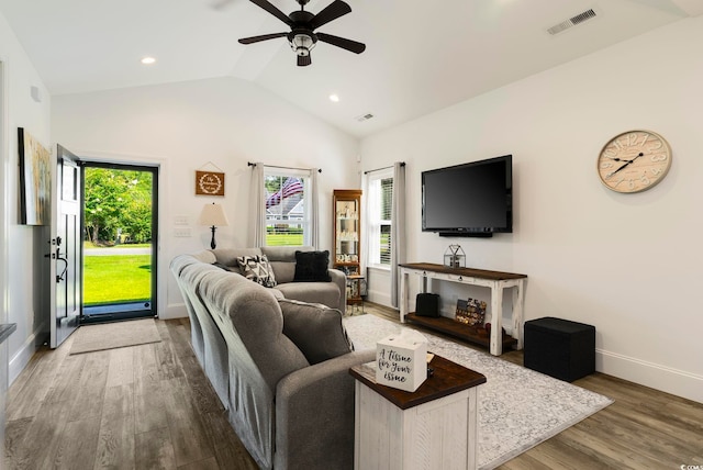 2588 Long Ave, Conway, SC 29526 - living area with a ceiling fan, wood finished floors, lofted ceiling, and recessed lighting