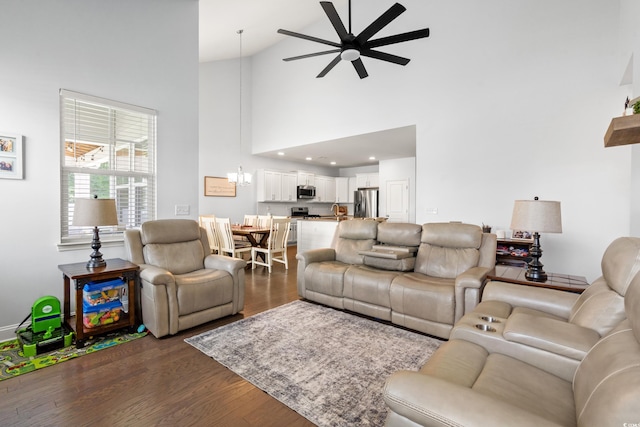 405 Spring View Ct, Little River, SC 29566 - living room featuring a ceiling fan, high vaulted ceiling, and dark wood-type flooring