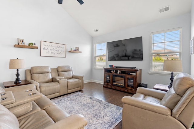 405 Spring View Ct, Little River, SC 29566 - living room featuring dark wood-style flooring, vaulted ceiling, and ceiling fan