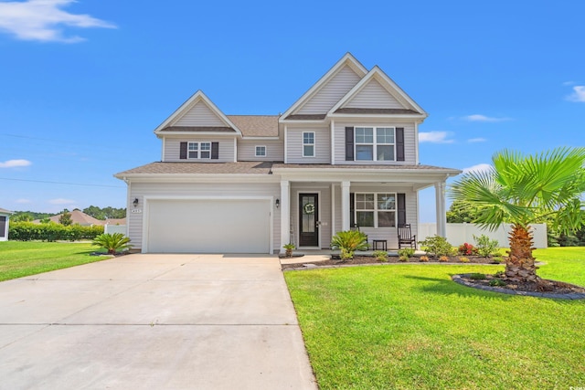 405 Spring View Ct, Little River, SC 29566 - view of front of home featuring concrete driveway, covered porch, a front lawn, an attached garage, and roof with shingles