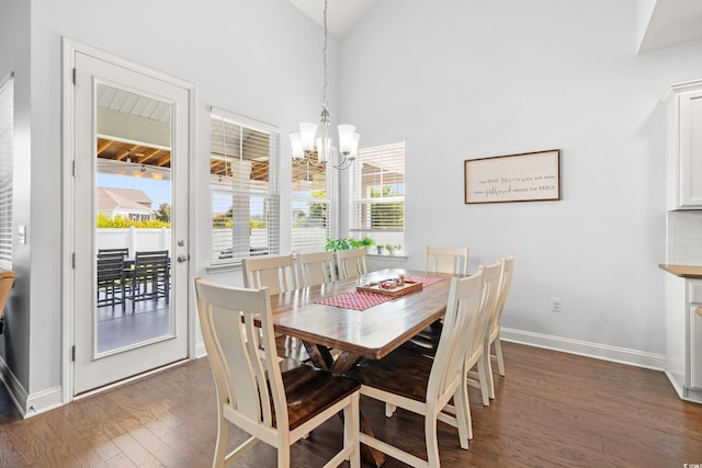 405 Spring View Ct, Little River, SC 29566 - dining room with dark wood finished floors, a chandelier, and vaulted ceiling