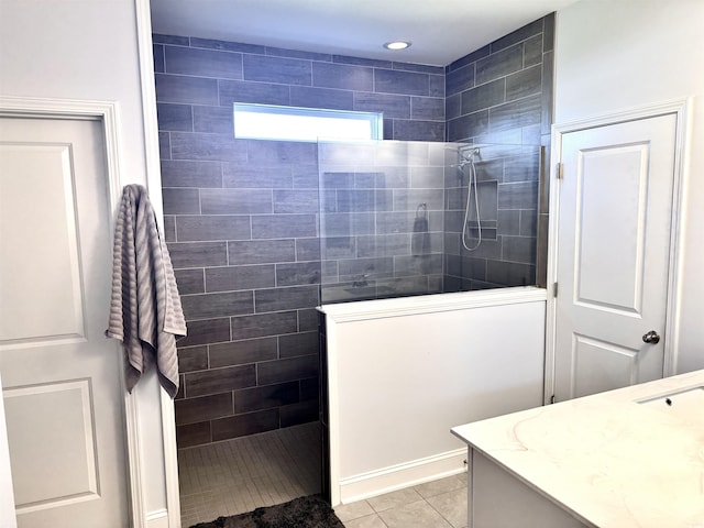 405 Spring View Ct, Little River, SC 29566 - bathroom featuring a walk in shower, vanity, and tile patterned flooring