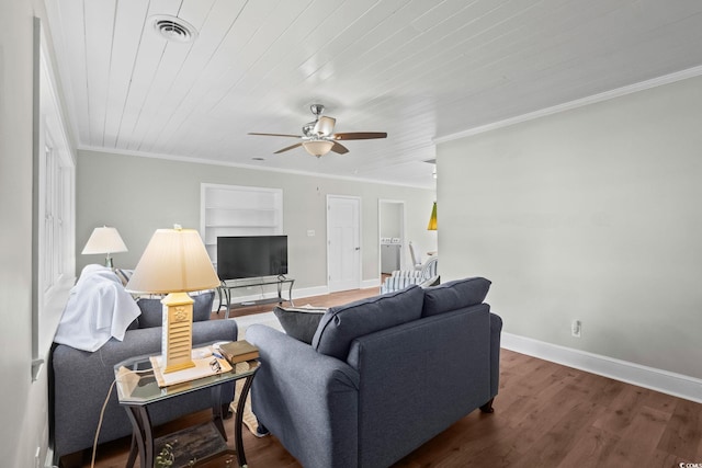 4325 Ellis Ave, Little River, SC 29566 - living area featuring a ceiling fan, wood finished floors, built in features, wooden ceiling, and ornamental molding