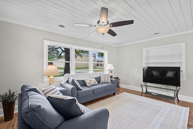4325 Ellis Ave, Little River, SC 29566 - living area featuring wood ceiling, ceiling fan, built in features, wood finished floors, and ornamental molding