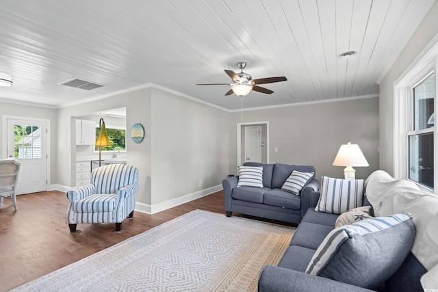 4325 Ellis Ave, Little River, SC 29566 - living room featuring wood finished floors, a ceiling fan, crown molding, and wood ceiling