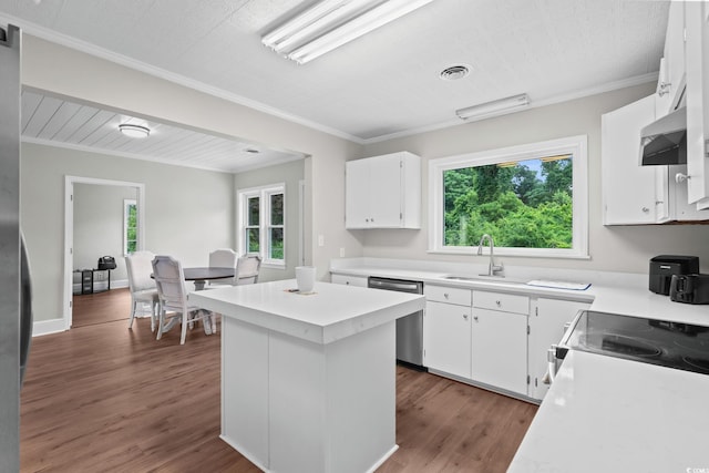 4325 Ellis Ave, Little River, SC 29566 - kitchen with dishwasher, crown molding, plenty of natural light, dark wood-type flooring, and light countertops